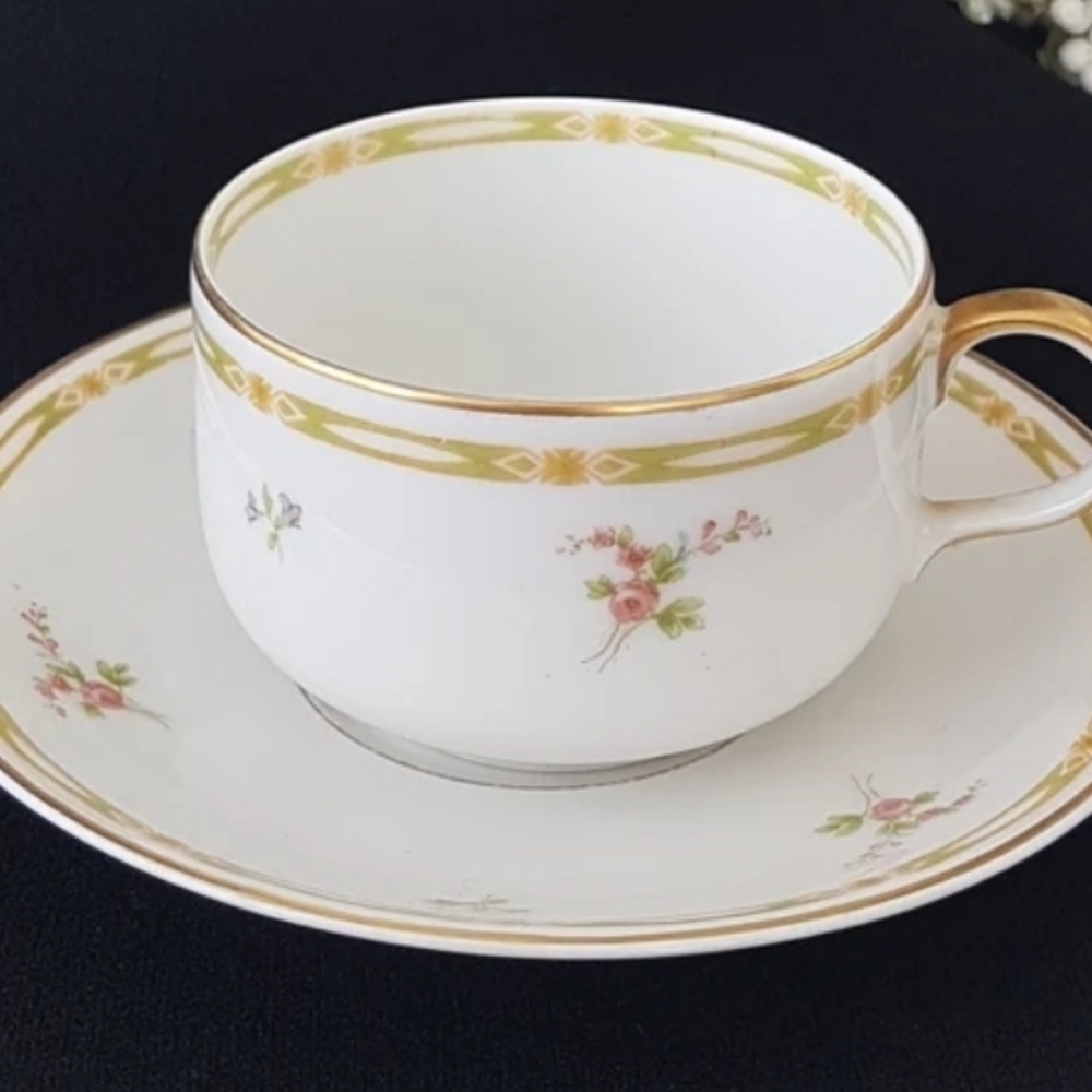 Haviland Limgoes Tea Cup and Saucer, Pink Purple Flowers, Made in France 1900s